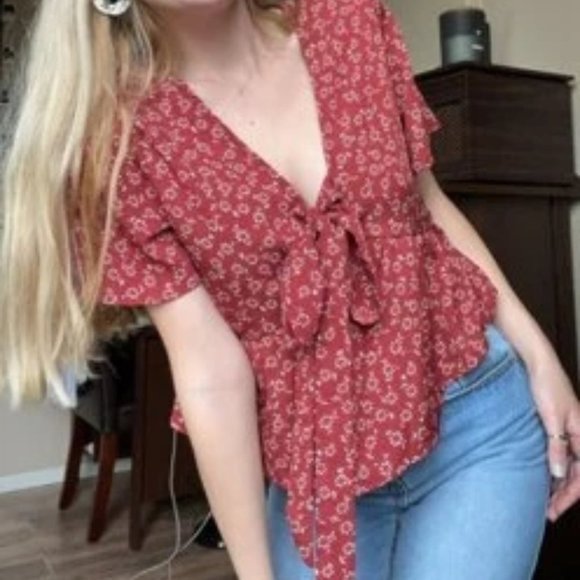 Boho Floral print front tie babydoll peplum crop top ROSE RED - Picture 3 of 8